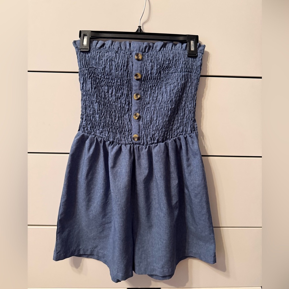 Blue Strapless Button-Front Dress